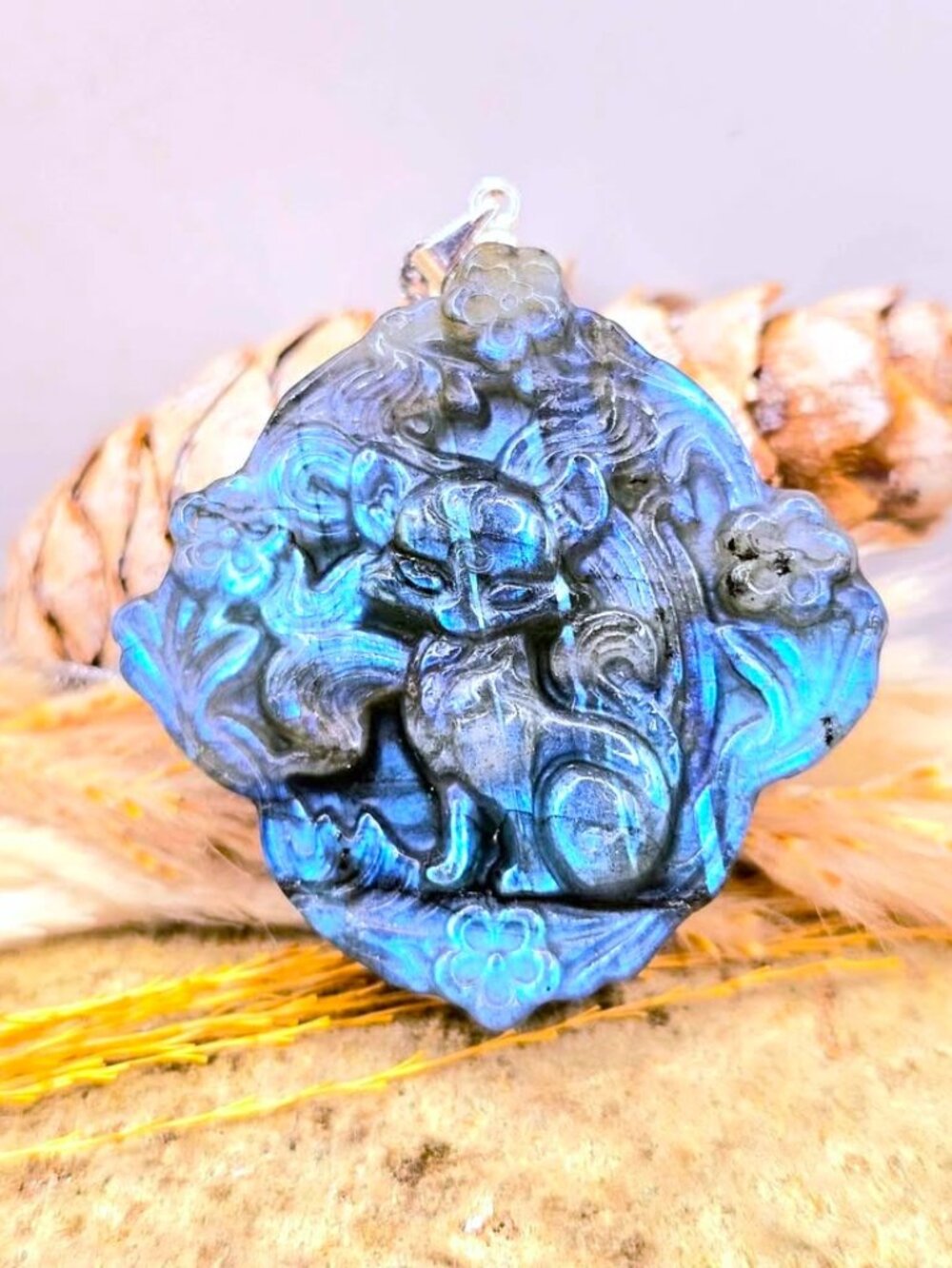 Flashy Labradorite Nine‑Tailed Fox Pendant • Diamond Shape • Cherry Bloosom